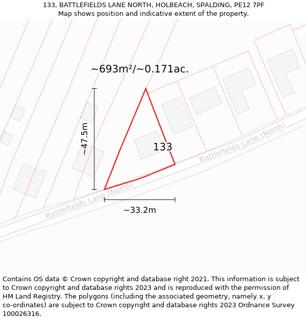 133, BATTLEFIELDS LANE NORTH, HOLBEACH, SPALDING, PE12 7PF: Plot and title map