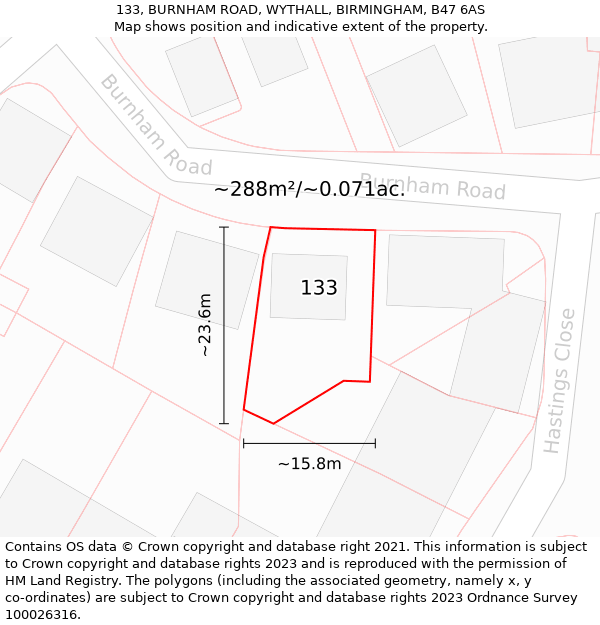 133, BURNHAM ROAD, WYTHALL, BIRMINGHAM, B47 6AS: Plot and title map