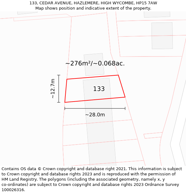 133, CEDAR AVENUE, HAZLEMERE, HIGH WYCOMBE, HP15 7AW: Plot and title map