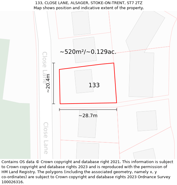 133, CLOSE LANE, ALSAGER, STOKE-ON-TRENT, ST7 2TZ: Plot and title map