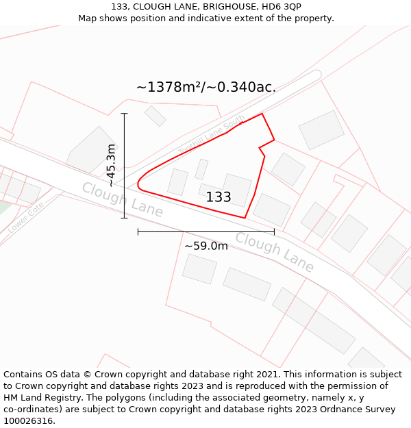 133, CLOUGH LANE, BRIGHOUSE, HD6 3QP: Plot and title map