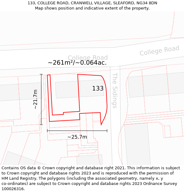 133, COLLEGE ROAD, CRANWELL VILLAGE, SLEAFORD, NG34 8DN: Plot and title map