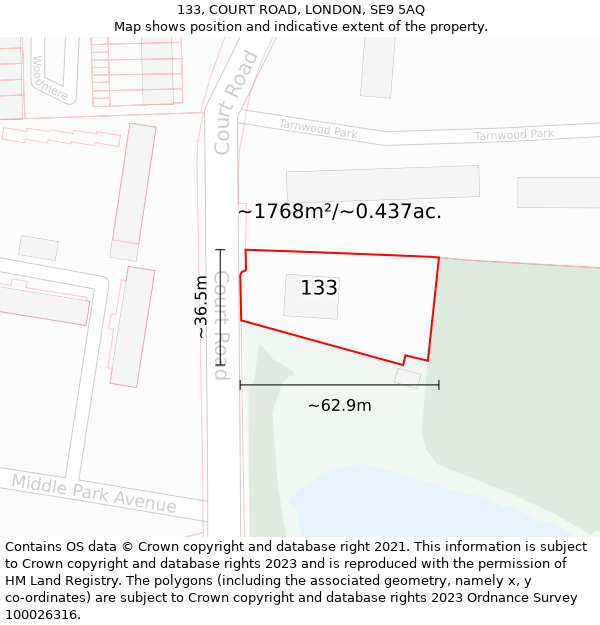 133, COURT ROAD, LONDON, SE9 5AQ: Plot and title map
