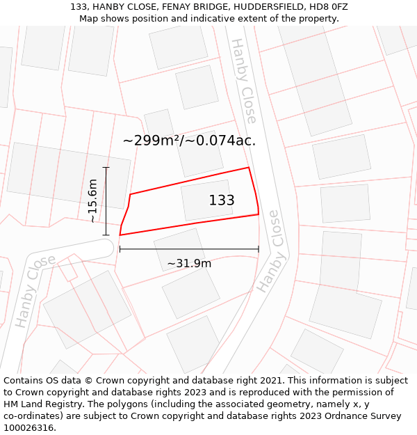 133, HANBY CLOSE, FENAY BRIDGE, HUDDERSFIELD, HD8 0FZ: Plot and title map