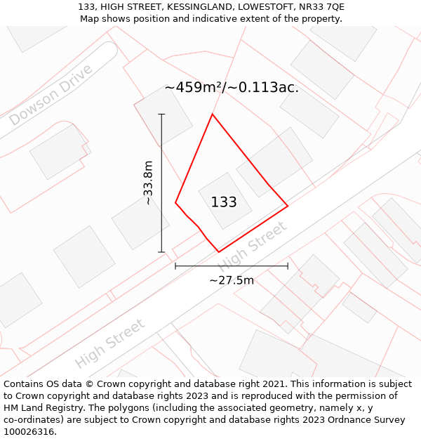 133, HIGH STREET, KESSINGLAND, LOWESTOFT, NR33 7QE: Plot and title map