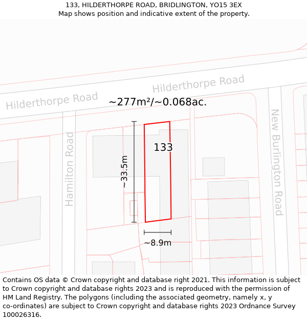 133, HILDERTHORPE ROAD, BRIDLINGTON, YO15 3EX: Plot and title map