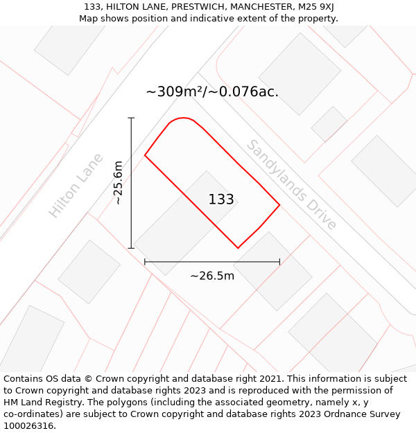 133, HILTON LANE, PRESTWICH, MANCHESTER, M25 9XJ: Plot and title map