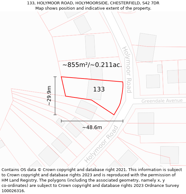 133, HOLYMOOR ROAD, HOLYMOORSIDE, CHESTERFIELD, S42 7DR: Plot and title map