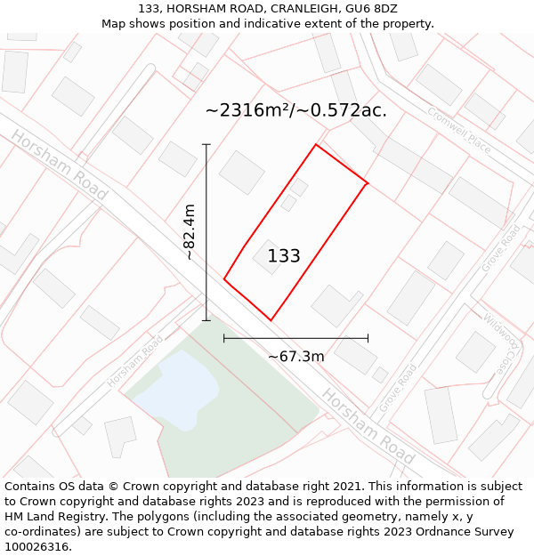 133, HORSHAM ROAD, CRANLEIGH, GU6 8DZ: Plot and title map