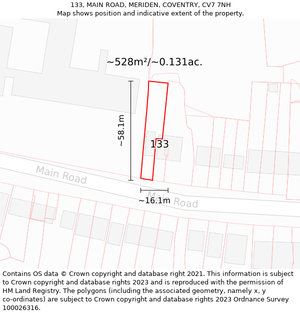 133, MAIN ROAD, MERIDEN, COVENTRY, CV7 7NH: Plot and title map