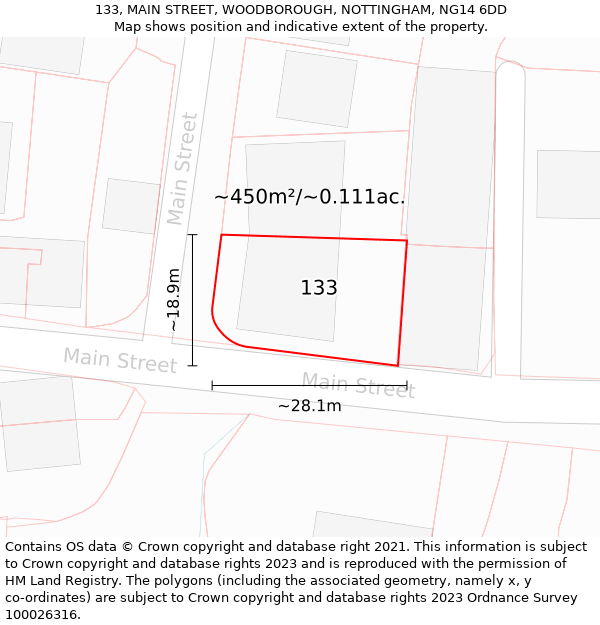 133, MAIN STREET, WOODBOROUGH, NOTTINGHAM, NG14 6DD: Plot and title map