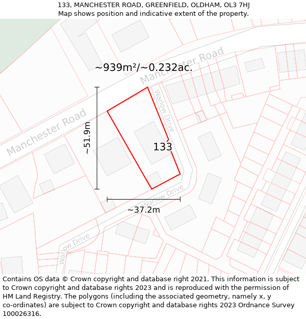133, MANCHESTER ROAD, GREENFIELD, OLDHAM, OL3 7HJ: Plot and title map