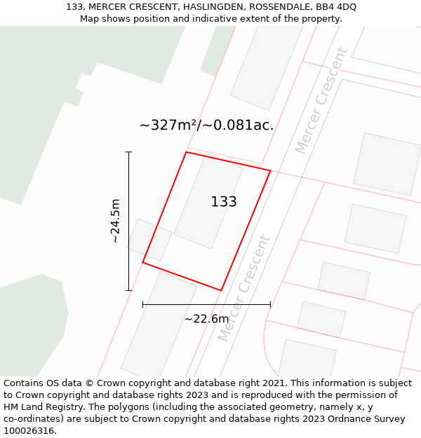 133, MERCER CRESCENT, HASLINGDEN, ROSSENDALE, BB4 4DQ: Plot and title map