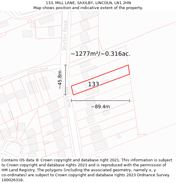 133, MILL LANE, SAXILBY, LINCOLN, LN1 2HN: Plot and title map