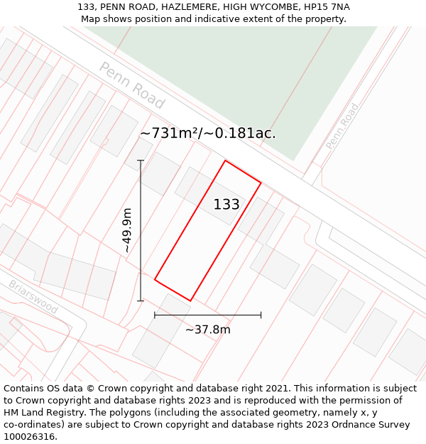 133, PENN ROAD, HAZLEMERE, HIGH WYCOMBE, HP15 7NA: Plot and title map