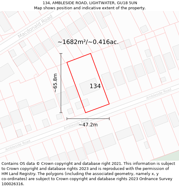 134, AMBLESIDE ROAD, LIGHTWATER, GU18 5UN: Plot and title map