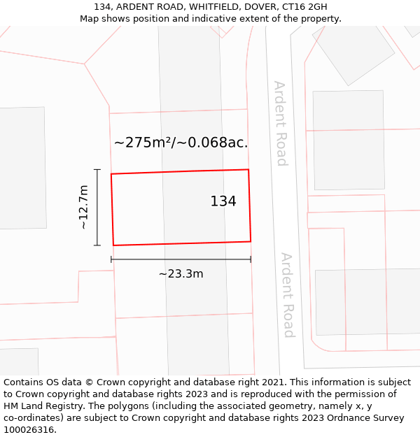 134, ARDENT ROAD, WHITFIELD, DOVER, CT16 2GH: Plot and title map
