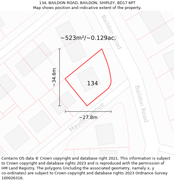 134, BAILDON ROAD, BAILDON, SHIPLEY, BD17 6PT: Plot and title map