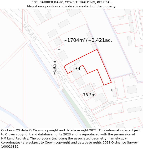 134, BARRIER BANK, COWBIT, SPALDING, PE12 6AL: Plot and title map