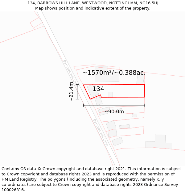 134, BARROWS HILL LANE, WESTWOOD, NOTTINGHAM, NG16 5HJ: Plot and title map