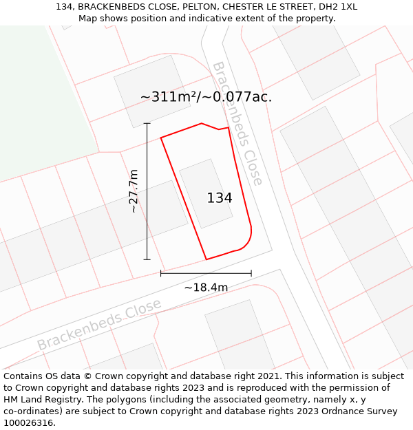 134, BRACKENBEDS CLOSE, PELTON, CHESTER LE STREET, DH2 1XL: Plot and title map