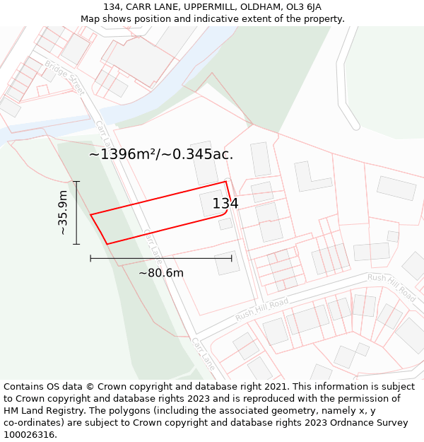 134, CARR LANE, UPPERMILL, OLDHAM, OL3 6JA: Plot and title map