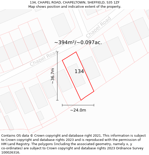 134, CHAPEL ROAD, CHAPELTOWN, SHEFFIELD, S35 1ZF: Plot and title map