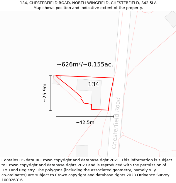 134, CHESTERFIELD ROAD, NORTH WINGFIELD, CHESTERFIELD, S42 5LA: Plot and title map