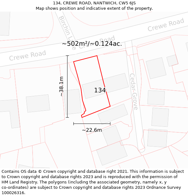 134, CREWE ROAD, NANTWICH, CW5 6JS: Plot and title map