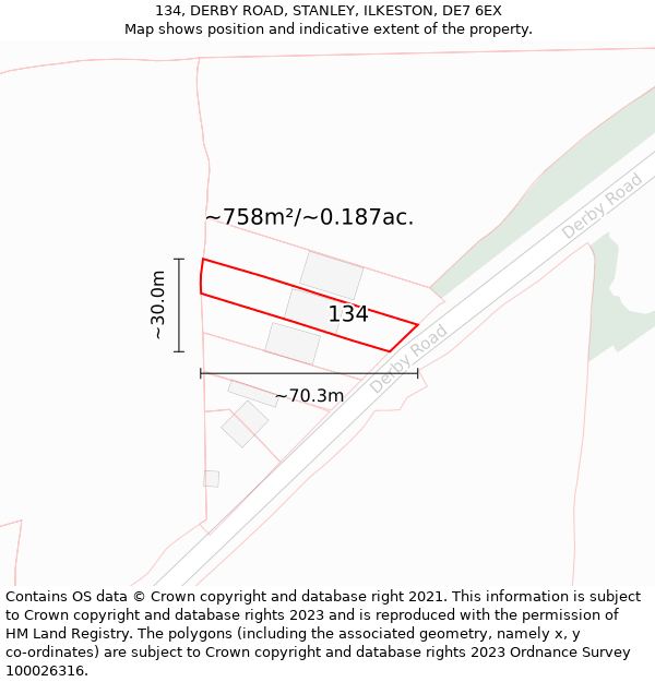 134, DERBY ROAD, STANLEY, ILKESTON, DE7 6EX: Plot and title map