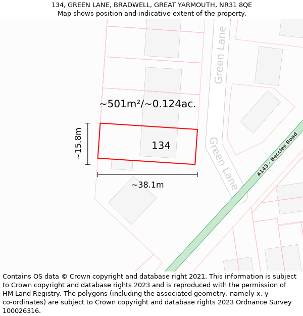 134, GREEN LANE, BRADWELL, GREAT YARMOUTH, NR31 8QE: Plot and title map