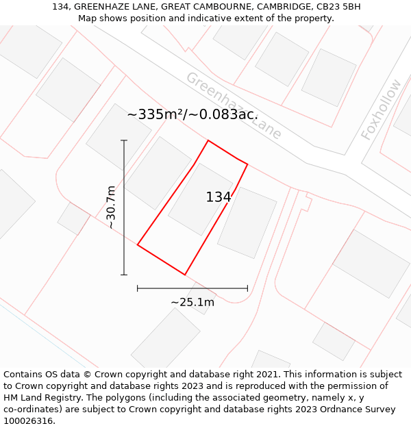 134, GREENHAZE LANE, GREAT CAMBOURNE, CAMBRIDGE, CB23 5BH: Plot and title map