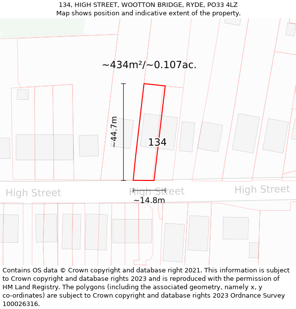 134, HIGH STREET, WOOTTON BRIDGE, RYDE, PO33 4LZ: Plot and title map