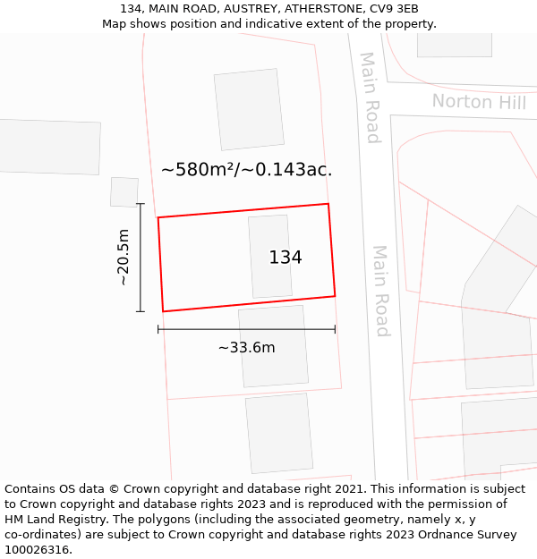 134, MAIN ROAD, AUSTREY, ATHERSTONE, CV9 3EB: Plot and title map