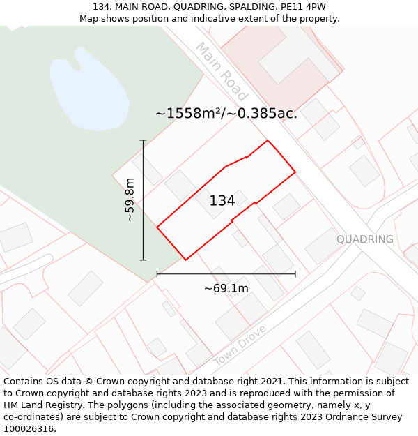 134, MAIN ROAD, QUADRING, SPALDING, PE11 4PW: Plot and title map