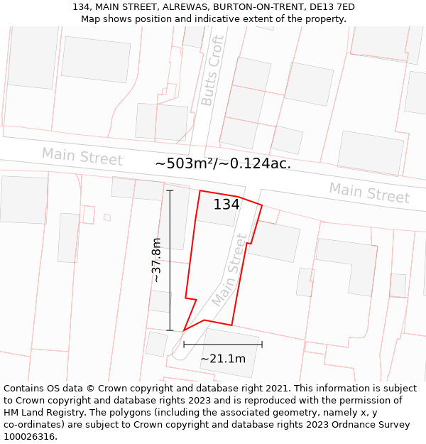 134, MAIN STREET, ALREWAS, BURTON-ON-TRENT, DE13 7ED: Plot and title map