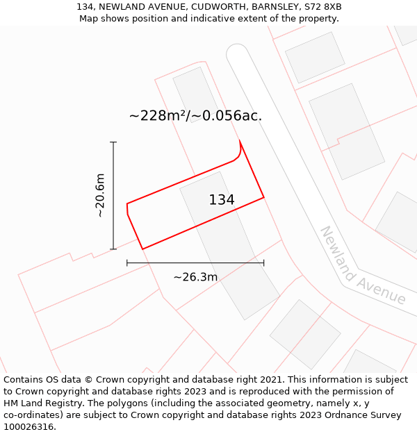 134, NEWLAND AVENUE, CUDWORTH, BARNSLEY, S72 8XB: Plot and title map