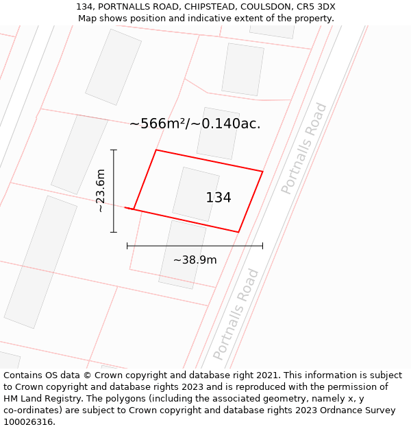 134, PORTNALLS ROAD, CHIPSTEAD, COULSDON, CR5 3DX: Plot and title map