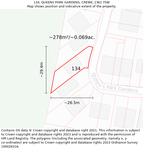 134, QUEENS PARK GARDENS, CREWE, CW2 7SW: Plot and title map