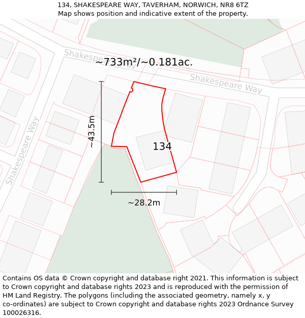 134, SHAKESPEARE WAY, TAVERHAM, NORWICH, NR8 6TZ: Plot and title map