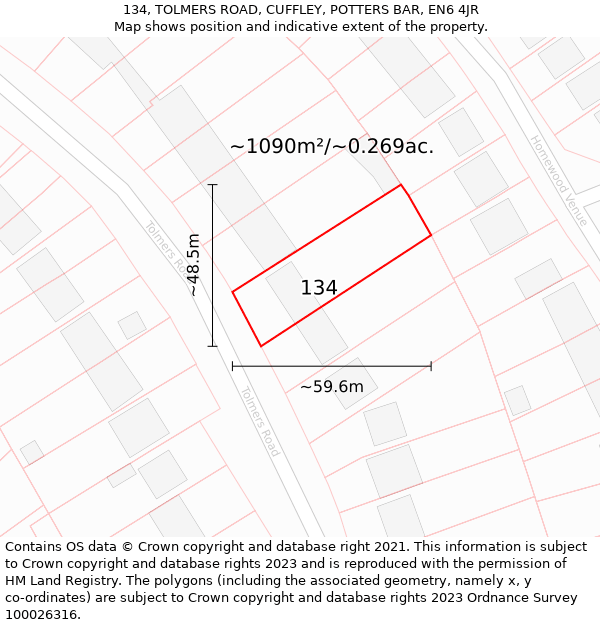 134, TOLMERS ROAD, CUFFLEY, POTTERS BAR, EN6 4JR: Plot and title map