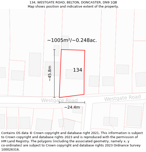 134, WESTGATE ROAD, BELTON, DONCASTER, DN9 1QB: Plot and title map