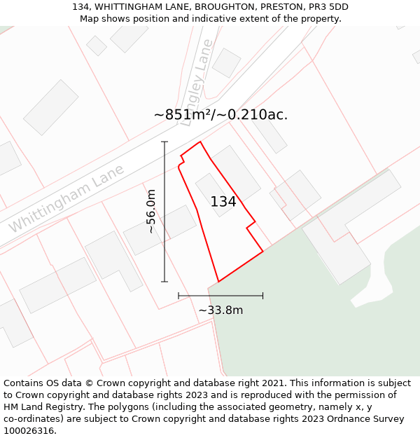 134, WHITTINGHAM LANE, BROUGHTON, PRESTON, PR3 5DD: Plot and title map