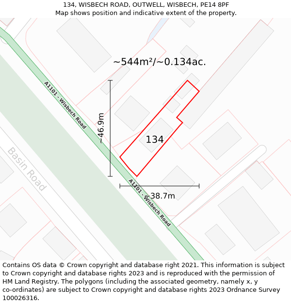 134, WISBECH ROAD, OUTWELL, WISBECH, PE14 8PF: Plot and title map