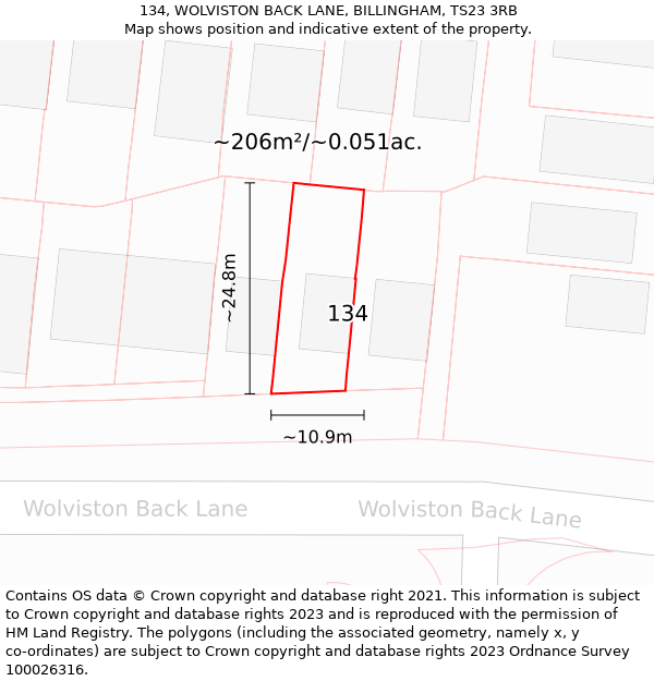 134, WOLVISTON BACK LANE, BILLINGHAM, TS23 3RB: Plot and title map