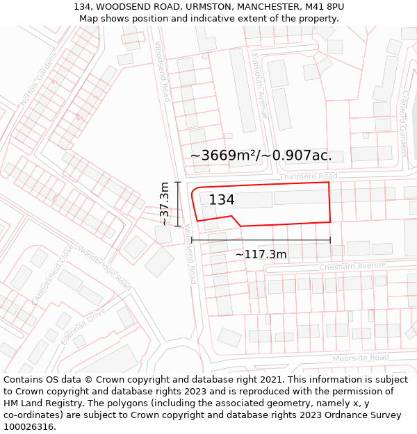 134, WOODSEND ROAD, URMSTON, MANCHESTER, M41 8PU: Plot and title map