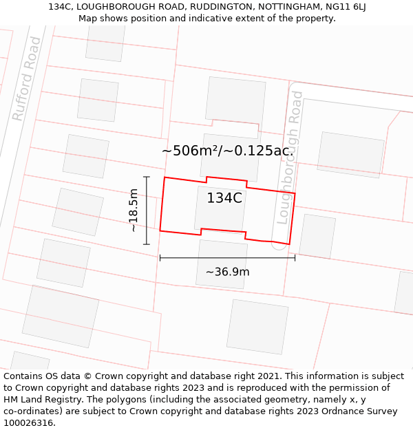 134C, LOUGHBOROUGH ROAD, RUDDINGTON, NOTTINGHAM, NG11 6LJ: Plot and title map