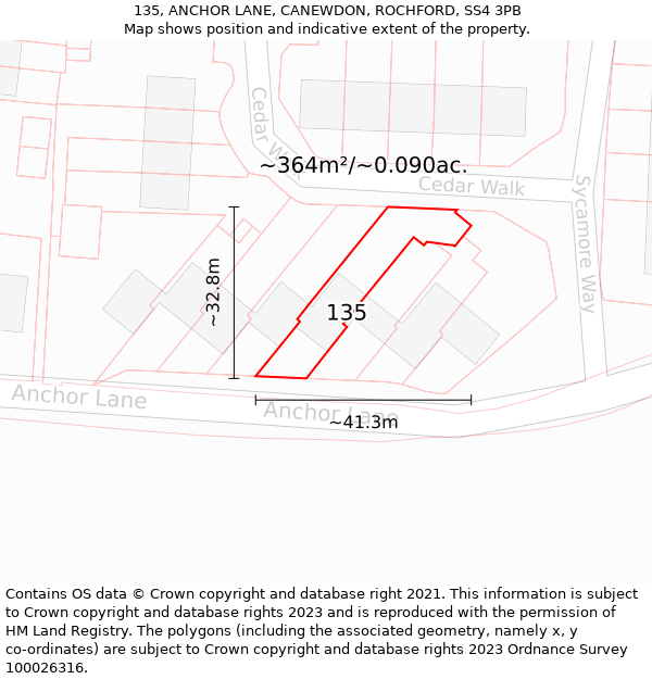 135, ANCHOR LANE, CANEWDON, ROCHFORD, SS4 3PB: Plot and title map