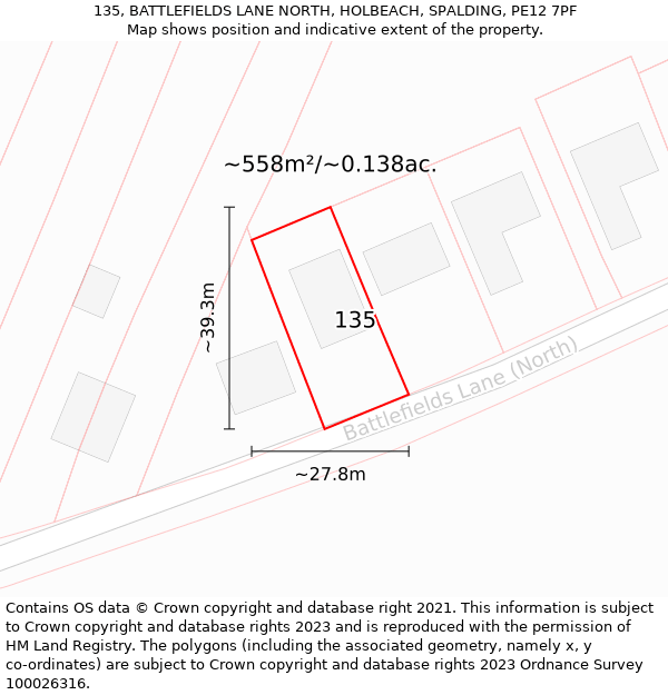 135, BATTLEFIELDS LANE NORTH, HOLBEACH, SPALDING, PE12 7PF: Plot and title map