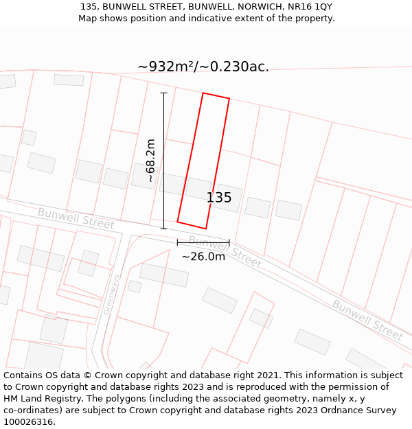 135, BUNWELL STREET, BUNWELL, NORWICH, NR16 1QY: Plot and title map